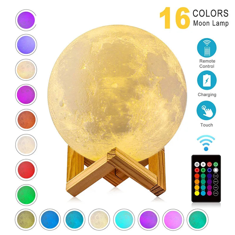 ZK30 Moon Lamp Kids Night Light Galaxy Lamp 16 Colors LED 3D Moon Light Touch Remote Control Rechargeable Gift for Girls Boys