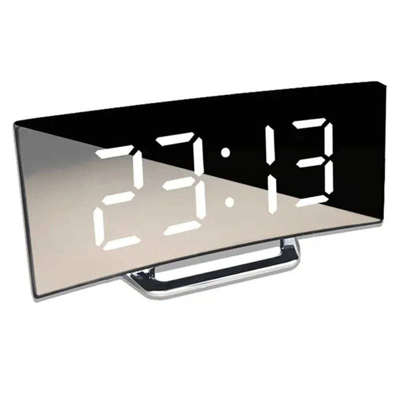 Curved Screen Mirror LED Digital Clock Creative Digital Alarm Clock with Large Display USB Charging Powered Bedside Table Clock