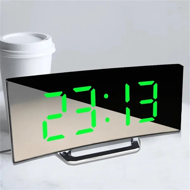 Curved Screen Mirror LED Digital Clock Creative Digital Alarm Clock with Large Display USB Charging Powered Bedside Table Clock