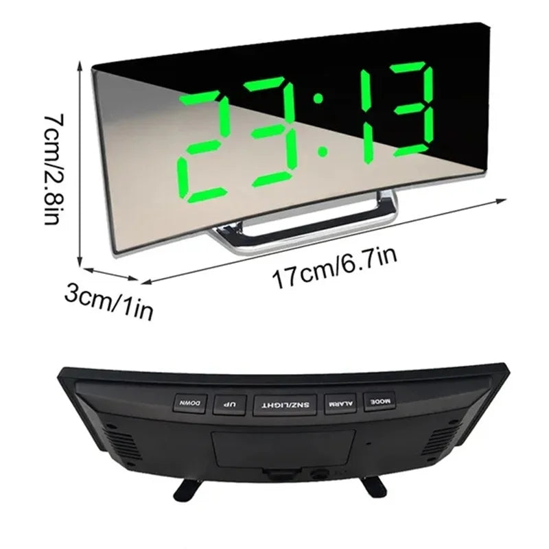 Curved Screen Mirror LED Digital Clock Creative Digital Alarm Clock with Large Display USB Charging Powered Bedside Table Clock